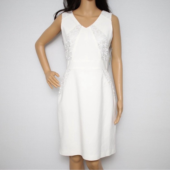 ANTONIO MELANI Dresses & Skirts - ANTONIO MELANI White Lace-Panel V-Neck Sheath Dress